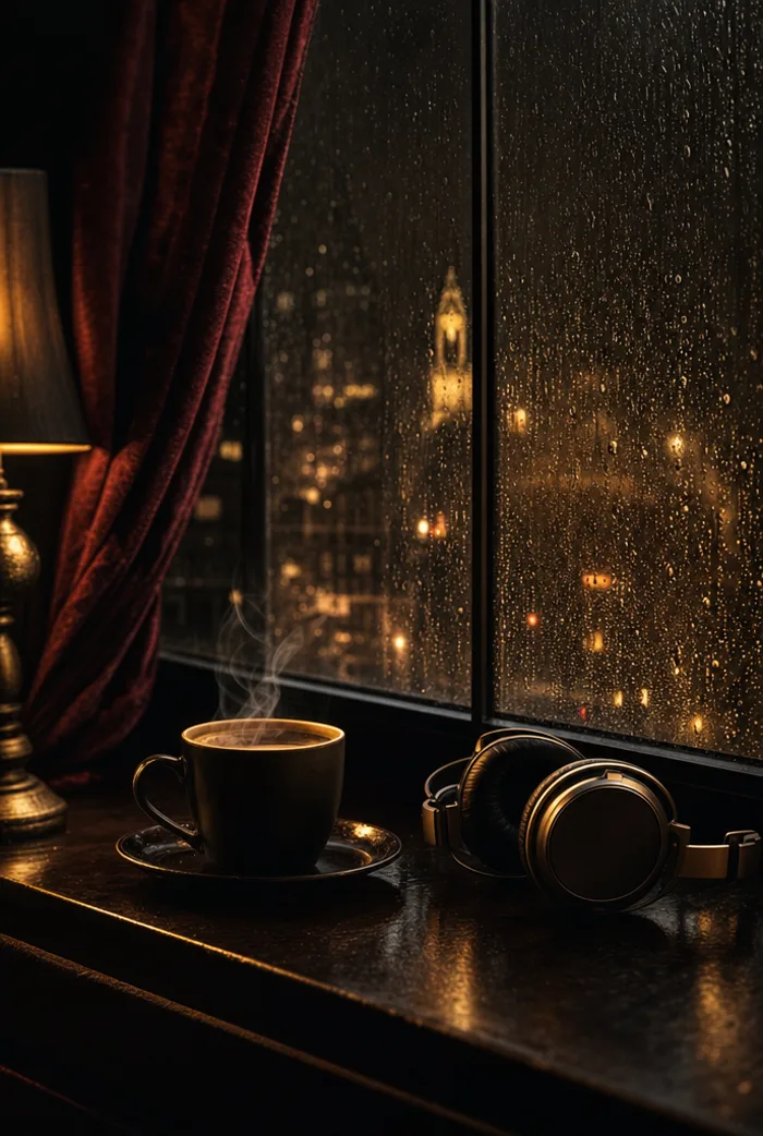 Listening by a rain-streaked window at night