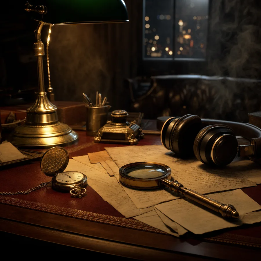 A brass reading lamp, a pocket watch, and headphones on a desk